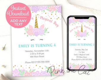 ON SALE Editable Unicorn Invitation or Phone Invitation,  Social Media Email Invitation, Unicorn Birthday Invitation, Instant Download