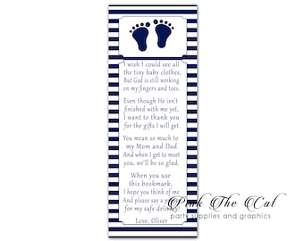 30 bookmarks baby shower navy blue stripes personalized baby shower favors, printed bookmarks for baby shower, footprints themed favors