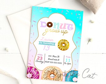 Donut afdrukbare uitnodigingen voor verjaardag of baby shower, donut partt leveringen, donut verjaardagsfeestje uitnodiging,