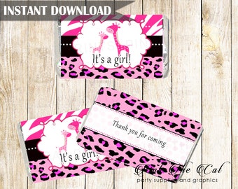 Pink giraffe baby shower mini candy bar wrapper pink black baby shower favors template, printable girl baby shower favors INSTANT DOWNLOAD