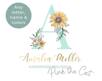 Monogram logo png for your etsy shop or any website or business, calligraphy letter and sunflower logo branding premade design