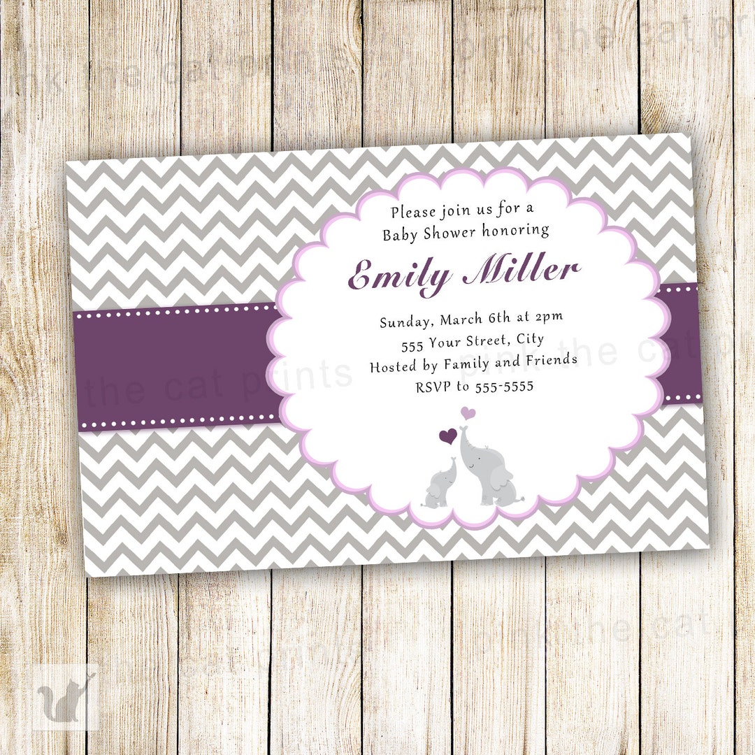 Elephants Invitation for Baby Girl Shower Purple Silver Printable ...