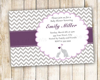Elephants invitation for baby girl shower purple silver printable template