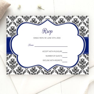 Carte RSVP de mariage Carte de réponse de mariage Carte de réponse de mariage Carte damassé bleu royal noir Fichier modifiable TÉLÉCHARGEMENT IMMÉDIAT
