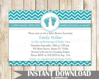 ON SALE Footprint Invitation -  Teal Baby Shower Invitation Unisex Baby Shower Invitation Printable Invitation Editable Instant Download