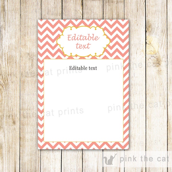 Coral Chevron Party Card - Baby Girl Shower Kids Birthday Invitation Thank You Card Label Bridal INSTANT DOWNLOAD