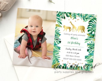 Jungle safari kids birthday invitation gold animals greenery personalized with photo, printable jungle invitations template gender neutral