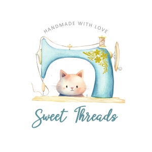 Sewing business logo with cute cat, sewing machine logo, colorful sewing logo with flowers, sewing store logo, handmade sewing shop logo