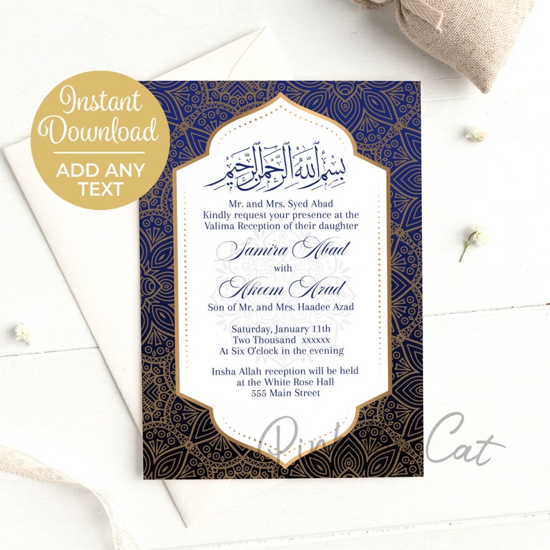 May include: A blue and gold wedding invitation with intricate patterns. The invitation announces the Valima Reception of Samira Abad with Aheem Azad, son of Mr. and Mrs. Haadee Azad. The reception will be held on Saturday, 11th January at six o'clock in the evening at the White Rose Hall, 555 Main Street.