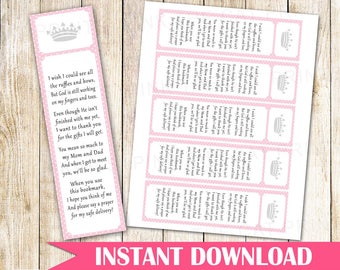 Princess Bookmark Princess Baby Girl Shower Favor Idea Printable File Princess Favor Ideas Bookmark Pink Polka Dots INSTANT DOWNLOAD