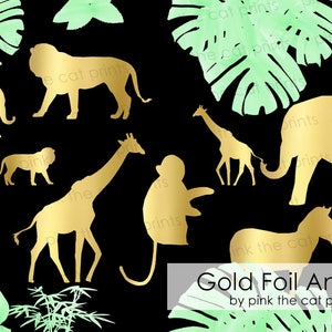 Jungle Animals Gold Foil, Gold Animals Illustration, Painted Leaf, Painted Leaves, Golden Animals For Scrapbooking, Foil Animals Invitations