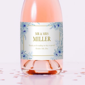 Floral Printed Mini Champagne Bottle Labels, Wedding Mini Wine Bottle Labels, Wedding Favors, Personalized Wine Bottle Labels Blue Gold
