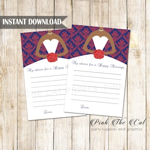 Cartão de conselhos vermelho azul Vermelho azul cartão de conselhos para chá de panela glitter dourado cartão de mensagem de casamento conselhos sobre vestido afro-americano DOWNLOAD INSTANTÂNEO