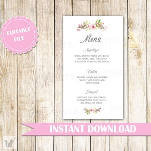 Floral Wedding Menu Card - Bohemian Wedding Menu - Printable Wedding Decoration - Editable Wedding Menu Card Pink Green INSTANT DOWNLOAD