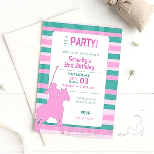 Polo Einladung Mädchen Geburtstagsparty oder Baby-Dusche rosa und Petrol, Gleichnis Einladung Mädchen Geburtstag druckbare digitale oder gedruckte Karten