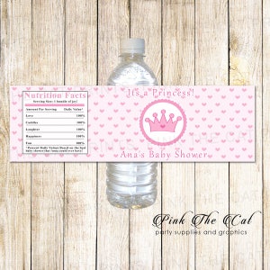 Princess Water Bottle Label, Pink Hearts Princess Bottle Label, Printable Princess Bottle Wrapper Princess Baby Shower Bottle Label Birthday
