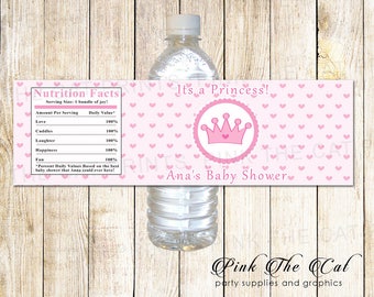 Princess Water Bottle Label, Pink Hearts Princess Bottle Label, Printable Princess Bottle Wrapper Princess Baby Shower Bottle Label Birthday