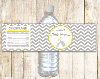 Elephant Water Bottle Label - Baby Boy Shower Yellow Grey Chevron Party Favor Printable INSTANT DOWNLOAD