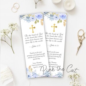 First Holy Communion Printable Bookmark Favors, Floral Blue and Gold ...