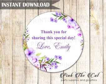 Lavender Flowers Gold Gift Favor Labels, Watercolor Flowers Gift Favor Thank You Tag Printable Romantic Wedding Favor Labels INSTANT DOWNOAD