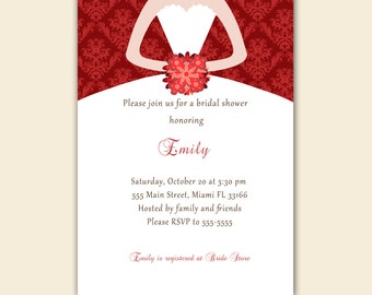 Printable Personalized Christmas Bridal Shower Invitation Card Damask - Red Birthday Sweet 16 Qinceanera Party Custom red