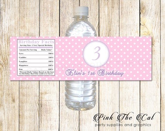 Printable Personalized w/ Any Age and Name Pink Purple Polka Dots Water Bottle Labels Wrappers - Birthday Party Number Girl Custom  Wraps