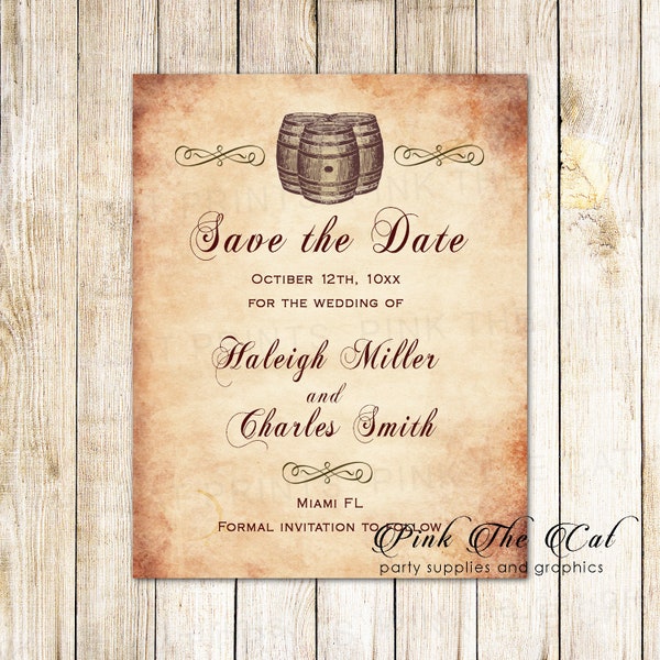 Wine Barrel Wedding Save The Date Card - Rustic Save The Date Postcard - Barrel Save The Date - Rustic Save The Date Old Paper Printable