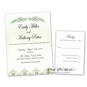 100 Hochzeitseinladungen und Antwortkarten Aquarell Oliven Zweig personalisiert mit Umschlägen enthalten, grün Hochzeitseinladung