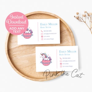 Eenhoorn visitekaartje met logo sjabloon voor uw etsy-winkel of een website of bedrijf, blauwe en roze instant download