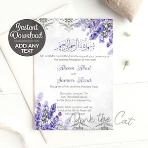 Convite Lavanda Walima, Convite Floral Lavanda e Prata, Convite de Casamento Lavanda, Arquivo Editável Download Instantâneo