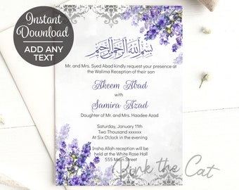 Puede incluir: Una invitación de boda de color morado y blanco con un diseño floral y el texto "Akeem Abad con Samira Azad" y "Hija de Sr. y Sra. Haadee Azad". La invitación también incluye la fecha y la hora de la recepción de la boda, así como la ubicación.