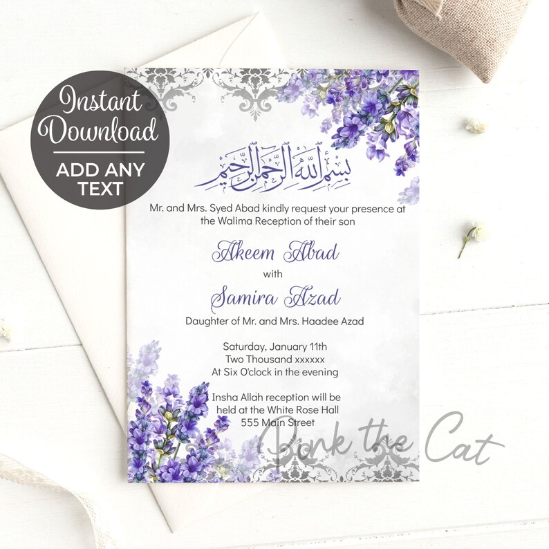 Lavender Walima Invitation, Floral Lavender and Silver Invitation, Lavenders Wedding Invitation, Editable File Instant Download image 1