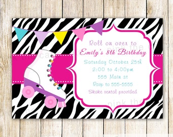 Roller Skating Invitation - Girl Birthday Party Zebra Invite Card Printable Editable File DIY You Print Rollerskating Skate INSTANT DOWNLOAD