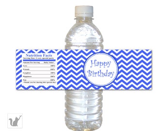 Blue Chevron Happy Birthday Water Bottle Labels Wraps - Kids Birthday Bottle Wrappers Party Favors Decoration INSTANT DOWNLOAD