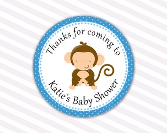 Monkey favor labels girl boy birthday baby shower printable personalized template pink blue