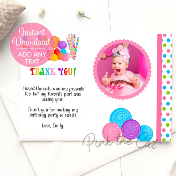 Candy themed thank you card for girl or boy birthday party | Etsy