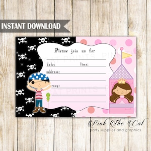 Pirate and princess birthday party invitations template printable fill in the blanks pink black INSTANT DOWNLOAD