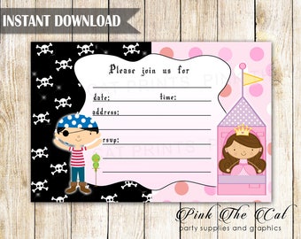 Piraten und Prinzessin Geburtstagsparty Einladungen Vorlage printable fill in the blanks pink schwarz INSTANT DOWNLOAD