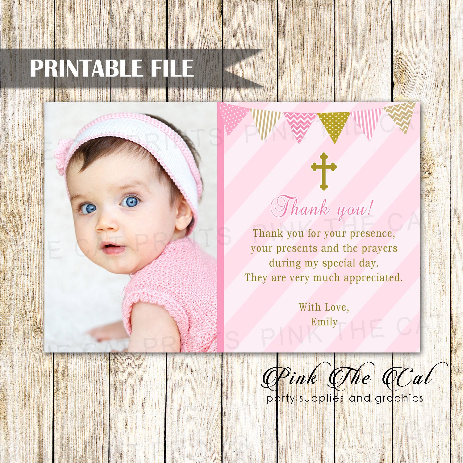 Pink Gold Baptism Thank You Card Girl Christening Thank You Note