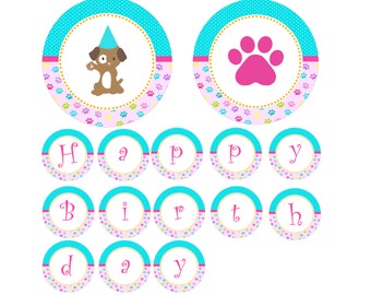 May include: A set of 12 cupcake toppers featuring a dog wearing a party hat, a paw print, and the letters "Happy Birthday" in pink and yellow on a turquoise background with paw print accents.