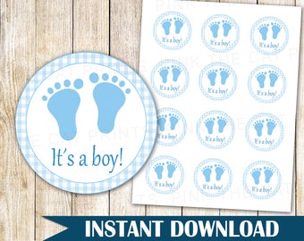 Blue Gingham Favor Label Baby Shower Cupcake Topper Baby Boy Shower Favor Tag Blue Gingham Baby Shower Stickers Printable  INSTANT DOWNLOAD