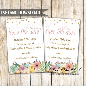 Aquarell Blumen Hochzeit speichern Sie die Datum-Karte - Glitter Gold Konfetti sparen das Datum Postkarte fallen erröten rosa retten das Datum sofort-DOWNLOAD