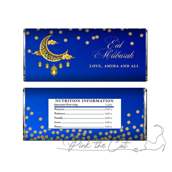 Eid mubarak candy bar label, ramadan mubarak candy wrapper, happy eid favor labels, gifts for family and friends, eid mubarak gift gold moon