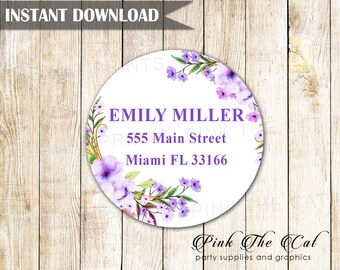 Lavender Purple Address Label, Watercolor Flowers Return Address Label, Wedding Mailing Labels Template, Bridal Shower INSTANT DOWNLOAD