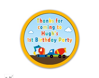 Construction birthday party favor labels personalized for boys, construction truck favor stickers, printable or printed