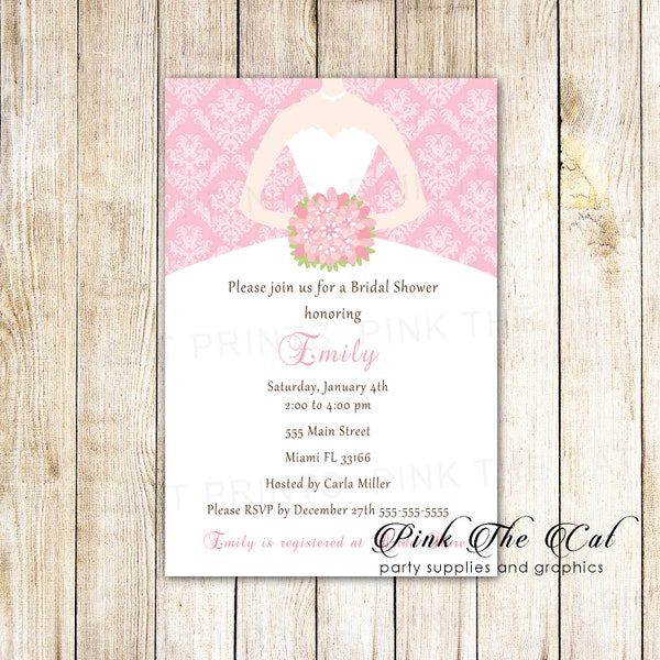 Pink White Dress Bridal Shower Invitation, Pink White Invitation Pink Dress Sweet 16 Invitation Pink Damask Quinceanera Invitation Printable