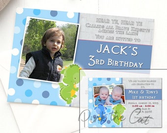 Dragon invitation for birthday party or baby shower blue and green, printable dragon invitation template for boys personalized with photo