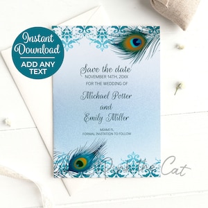 Pfau Hochzeit speichern die Datumskarten Blaublau mit Federn und ethnischen Stil, gedruckte Karten oder druckbare bearbeitbare Datei sofortiger Download