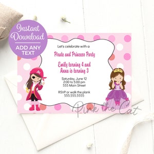 Pirate and princess birthday invitation for joint party friends or siblings, personalizable and editable online, instant download