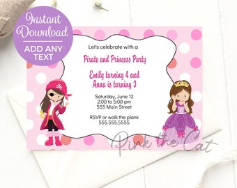 Piraten und Prinzessin Geburtstagseinladung für gemeinsame Partyfreunde oder Geschwister, personalisierbar und bearbeitbar online, direkter Download